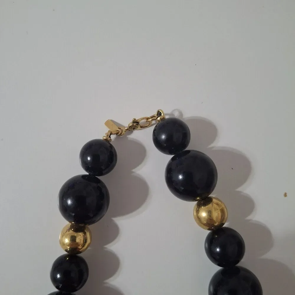 Monet Gold Tone Chunky Round Black Beaded Statement Necklace Mod Vintage
